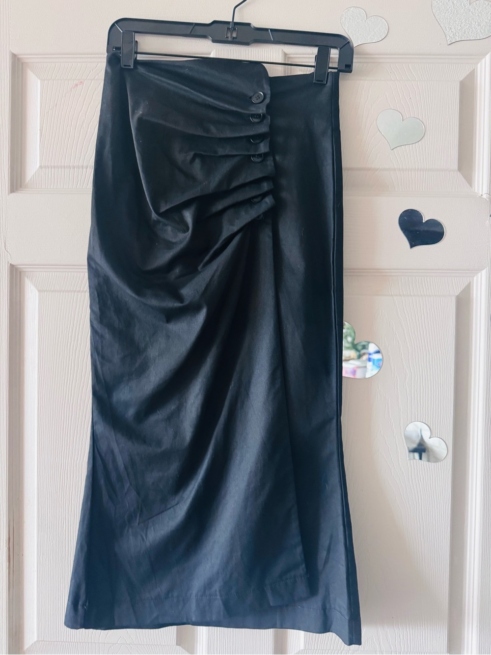 Black Ruched Satin Midi Skirt